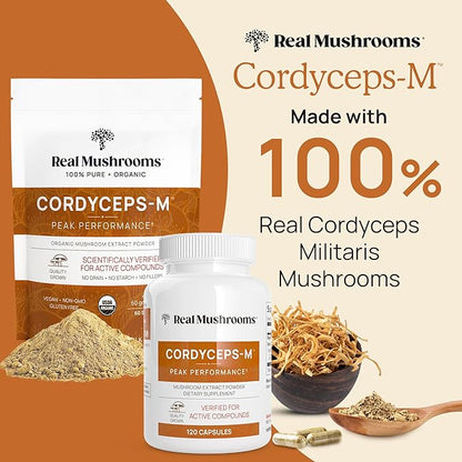 Real Mushrooms Cordyceps Capsules - Performance Mushroom Extract Supplement with Organic Cordyceps Militaris for Energy & Immune Support - Vegan Cordyceps Mushroom Supplement, Non-GMO, 300 Caps