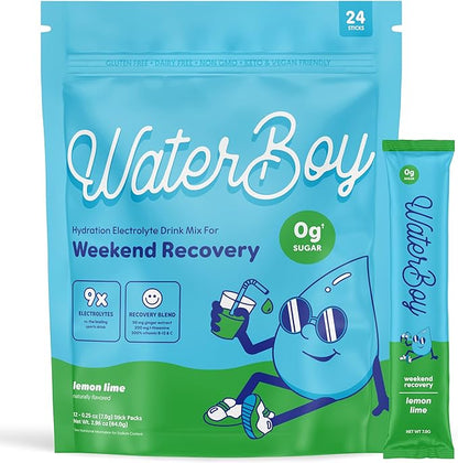 Waterboy Weekend Recovery | 3,200mg Electrolyte Powder Packets | Ginger + L-Theanine + Vitamins | No Sugar, All Natural, Gluten Free | 24 Drink Stick Mixes (Lemon Lime)