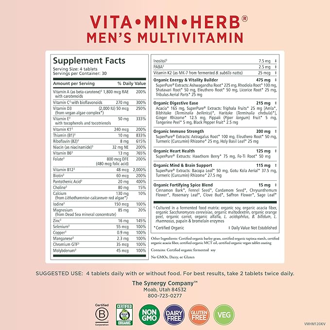 PURE SYNERGY Vita·Min·Herb for Men | Men’s Comprehensive Multivitamin Supplement | Made with Organic Whole Food Non-GMO Ingredients | Daily Energy & Immune Support (120 Tablets)
