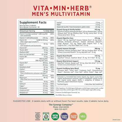 PURE SYNERGY Vita·Min·Herb for Men | Men’s Comprehensive Multivitamin Supplement | Made with Organic Whole Food Non-GMO Ingredients | Daily Energy & Immune Support (120 Tablets)