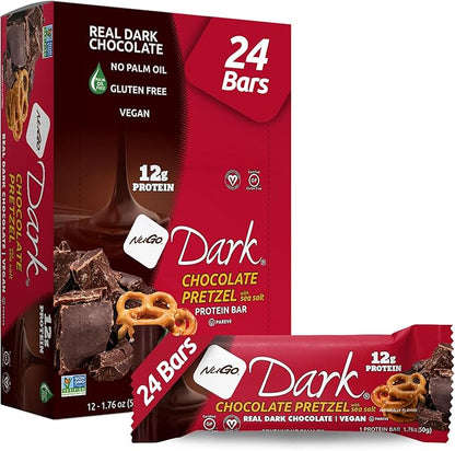 NuGo Dark Chocolate Pretzel and Sea Salt, 12g Protein Bar, Vegan, Gluten Free, Non-GMO, Kosher Pareve, 24 Count