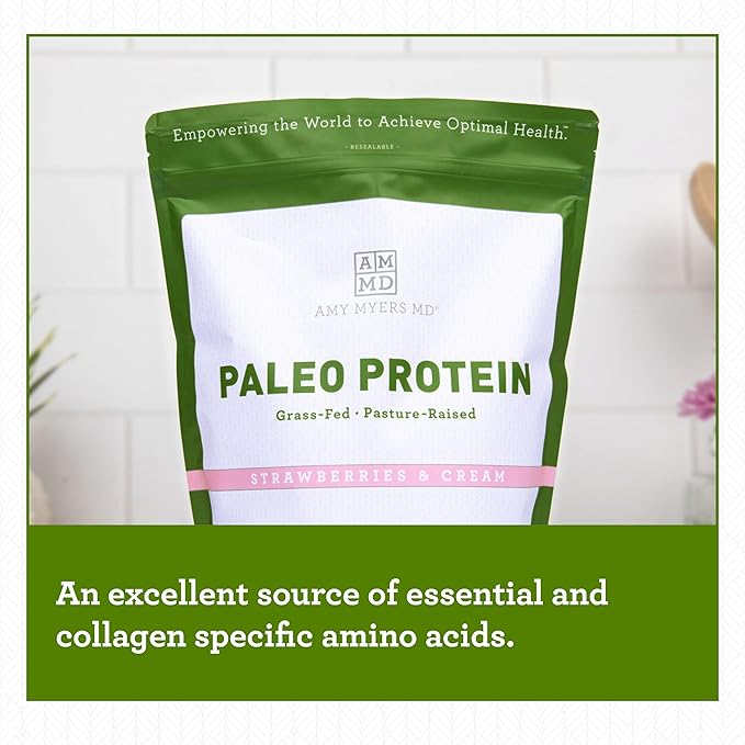 Amy Myers MD Pure Paleo Protein Powder - Clean Grass Fed Pasture Raised Protein - Hormone Free, Non-GMO, Gluten & Dairy Free - Perfect for Keto and Paleo - Strawberries & Cream -29.31 oz (831 g)