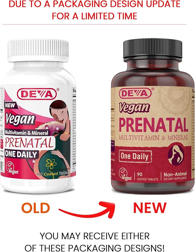 DEVA Vegan Prenatal Multivitamin and Mineral Supplement - Once-Per-Day Formula - Vitamins A, C, D, E, K, B Complex, with Folate & Chelated Iron - 90 Coated Tablets, 1-Pack