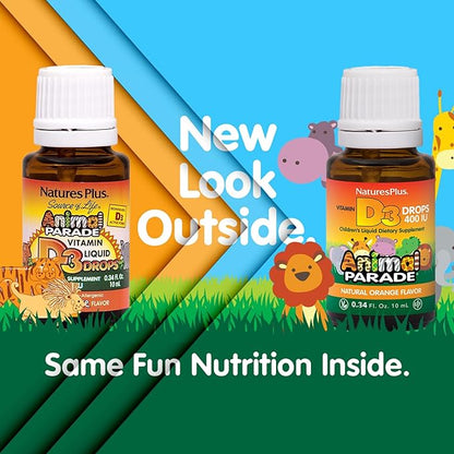 NaturesPlus Animal Parade Source of Life Liquid Vitamin D3 Drops for Children - 200 iu, 10 ML - Orange Flavor - Bone Health & Immune System Support Supplement - Gluten-Free, Vegetarian - 365 Servings