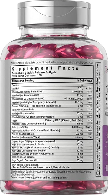 Horbäach Hair Skin and Nails Vitamins | 300 Softgels | with Biotin and Collagen | Infused with Argan Oil and Coconut Oil | Non-GMO, Gluten Free Supplement