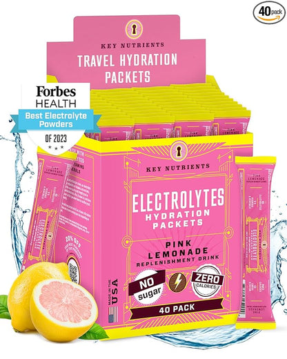 KEY NUTRIENTS Electrolytes Powder Packets - Fresh Pink Lemonade 40 Pack Hydration Packets - Travel Hydration Powder - No Sugar, No Calories, Gluten Free - Made in USA
