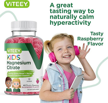 Kids Magnesium Citrate Gummies - Supports Sleep Aid, Calm Gummies, Muscle Relaxer, Optimal Relaxation - Vegetarian, Gelatin Free, Gluten Free, GMO Free - Tasty Chewable Raspberry Flavored Gummy