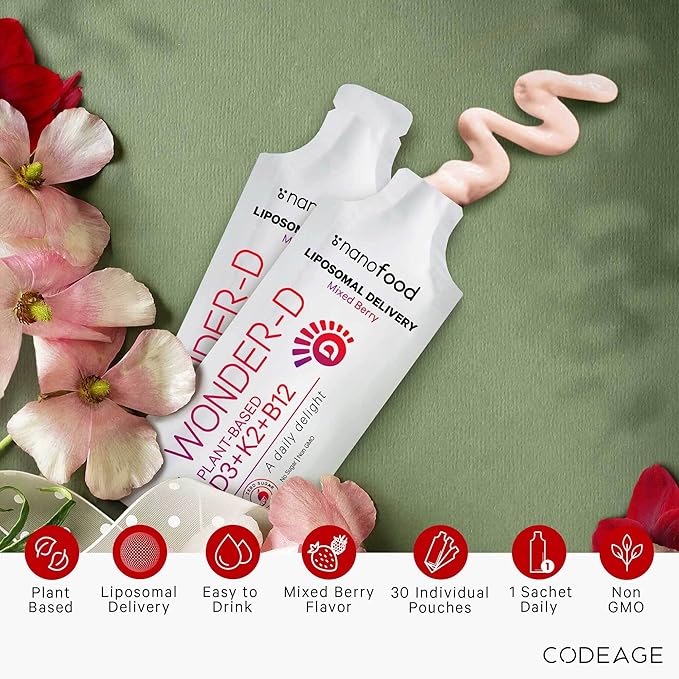 Codeage Liposomal Vitamin D3 Liquid Supplement Sachet, Wonder-D Cholecalciferol Vegan Liquid Multivitamin, Plant-Based Vitamins K2 B12, Non-GMO Phospholipids, Vitamin E, Berry Flavor - 30 Pouches