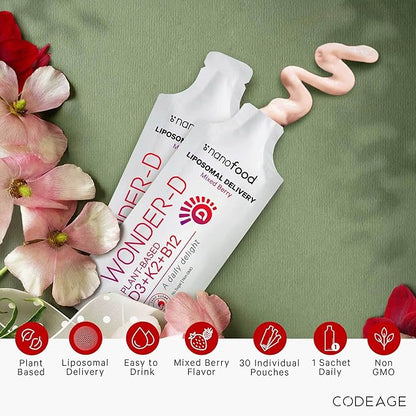 Codeage Liposomal Vitamin D3 Liquid Supplement Sachet, Wonder-D Cholecalciferol Vegan Liquid Multivitamin, Plant-Based Vitamins K2 B12, Non-GMO Phospholipids, Vitamin E, Berry Flavor - 30 Pouches