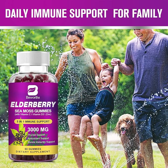 Elderberry Gummies & Irish Sea Moss, Organic Sambucus Elderberry Gummy with Seamoss, Zinc, Vitamin C, D3, Multivitamin Elderberry Vitamin Immune & Energy Support Supplements - Sugar-Free