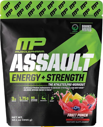 Muscle Pharm Assault Energy & Strength Pre Workout Powder for Men & Women with Beta Alanine, Caffeine, Creatine & Betaine Anhydrous, Pre-Workout Supplements, 30 Servings, Fruit Punch Flavor
