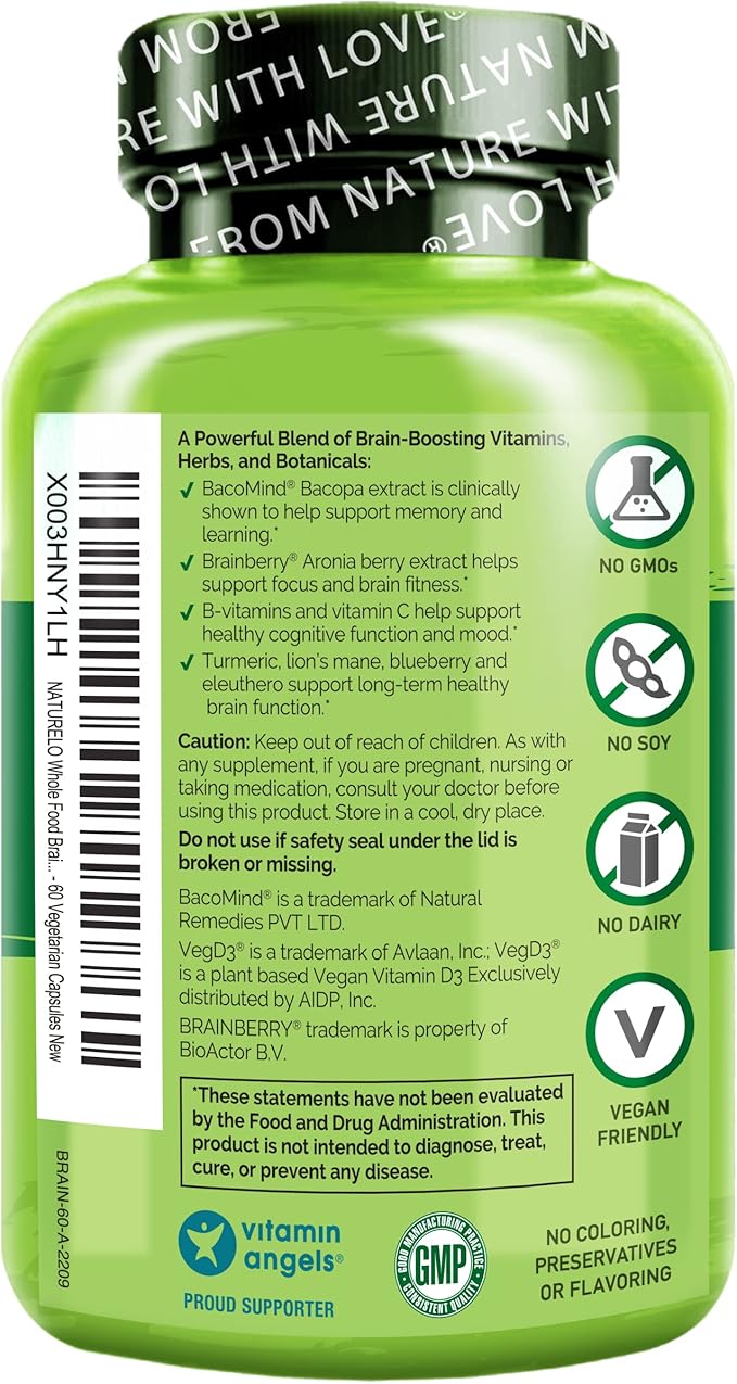 NATURELO Brain Supplement – Whole Food Brain Health Supplement for Memory and Focus Support, Enhance Brain Health Blend Supplement for Adults – 60 Vegetarian Capsules