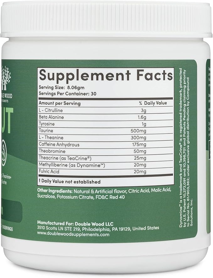 Pre Workout Powder for Men & Women (30 Servings of Caffeine, Beta Alanine, L-Citrulline, Dynamine, L-Theanine, Taurine, Theacrine, & More) Preworkout Powder with Scoop by Double Wood (Watermelon Lime)