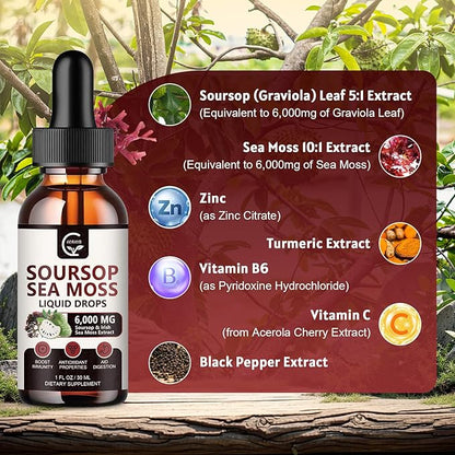 (2 Pack) Soursop Graviola Liquid Drop, Soursop Multivitamin Liquid with Sea Moss & Turmeric, 98% Absorption Soursop Bitters Liquid for Cell Support & Regeneration, Immune Boost and Liver, 1 Fl Oz