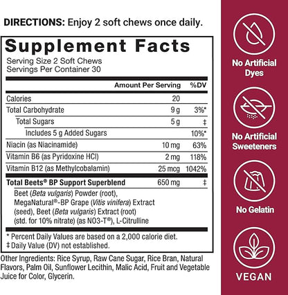 Force Factor Total Beets Blood Pressure Support Supplements with Beet Powder, Great-Tasting Beets Chewables for Heart-Healthy Energy, and Increased Nitric Oxide, 60 Chews