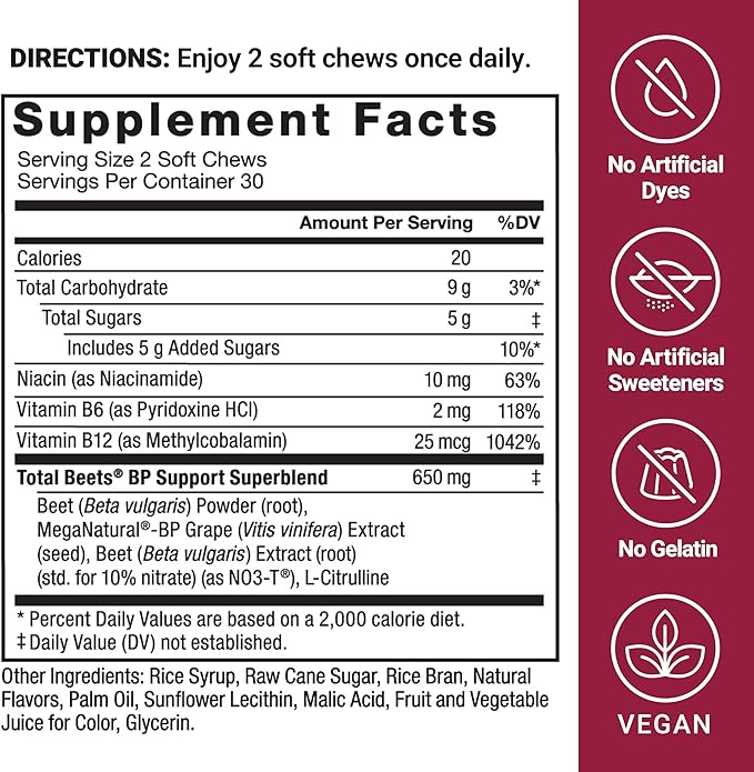 FORCE FACTOR Total Beets Blood Pressure Support Supplement, Beets Supplements with Beets Powder, Great-Tasting Beets Chewables for Heart-Healthy Energy, and Increased Nitric Oxide, 180 Chews, 3-Pack