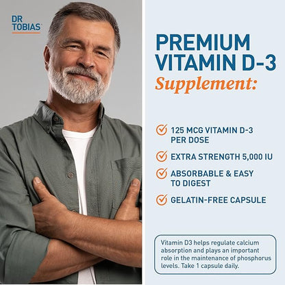 Dr. Tobias Vitamin D3 5000 IU, Essential for Healthy Bones, Teeth, and Immune System, Extra Strength Vitamin D Supplement, Non-GMO, 90 Capsules, 90 Servings