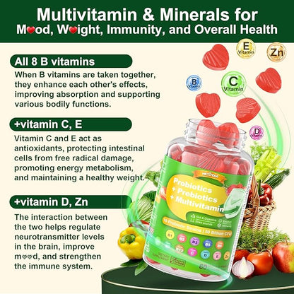 Probiotic Gummies with Prebiotics and Multivitamins, 50 Billion CFUs Probiotics,with Inulin,Psyllium Husk,Vitamin B Complex,C,D,E,Zinc. Supports Gut Health,Digestion,M-ood,and Immune Health,Sugar Free