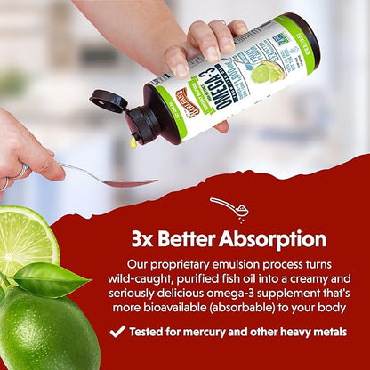 Barlean's Key Lime Pie High Potency Omega 3 Fish Oil Liquid Supplement, 1500mg of EPA & DHA Fatty Acid, Smoothie Flavored & Burpless for Brain, Joint, & Heart Health, 16 oz