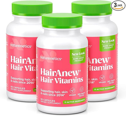 HairAnew Hair Growth Vitamins for Thicker Stronger Hair | Works for Women & Men All Hair Types | 11 Hair Vitamins & Ingredients | 5000mcg Biotin | Vegan | Independently Tested | 60 Capsules (3)