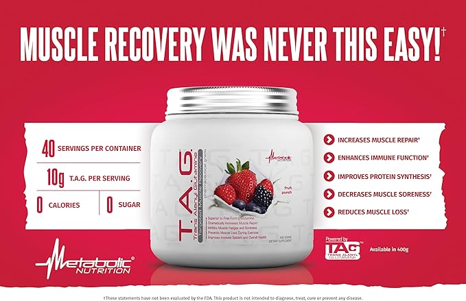 Metabolic Nutrition, TAG, Trans Alanyl Glutamine, 100% L-Glutamine Peptide Powder, Pre Intra Post Workout Supplement, 400 Grams (40 Servings) (Fruit Punch)