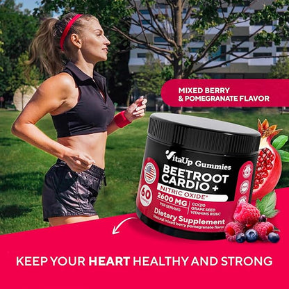 Beet Root Gummies - Cardio Beet Gummies 2600mg - Nitric Oxide Gummies with Beet Root, Grape Seed Extract, Coq10, Vitamin C & B12 - Beet Chews for Normal Blood Pressure & Heart Health – 60 Count