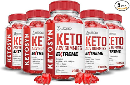 (5 Pack) Ketosyn Keto ACV Gummies Extreme 2000MG Ketosyn Keto Gummies Apple Cider Vinegar Formulated with Pomegranate Beet Juice Powder B12 Vegan Non GMO 300 Gummys
