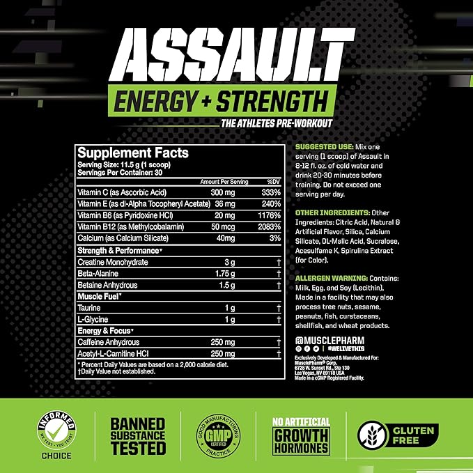 Muscle Pharm Assault Energy & Strength Pre Workout Powder for Men & Women with Beta Alanine, Caffeine, Creatine & Betaine Anhydrous, Pre-Workout Supplements, 30 Servings, Blue Raspberry Flavor
