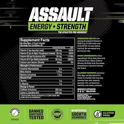 Muscle Pharm Assault Energy & Strength Pre Workout Powder for Men & Women with Beta Alanine, Caffeine, Creatine & Betaine Anhydrous, Pre-Workout Supplements, 30 Servings, Blue Raspberry Flavor