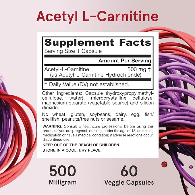 Jarrow Formulas Acetyl L-Carnitine 500 mg, Dietary Supplement, Amino Acid Support for Brain Health and Antioxidants, 60 Veggie Capsules, 60 Day Supply