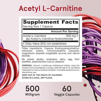 Jarrow Formulas Acetyl L-Carnitine 500 mg, Dietary Supplement, Amino Acid Support for Brain Health and Antioxidants, 60 Veggie Capsules, 60 Day Supply