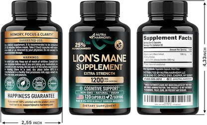 Lions Mane Supplement Capsules - Organic Lions Mane - Made in USA - Fruiting Bodies Extract - 1200 mg, 25% Polysaccharides - Memory & Focus Support - As Lions Powder - 120 Capsules, 2 Month Supply