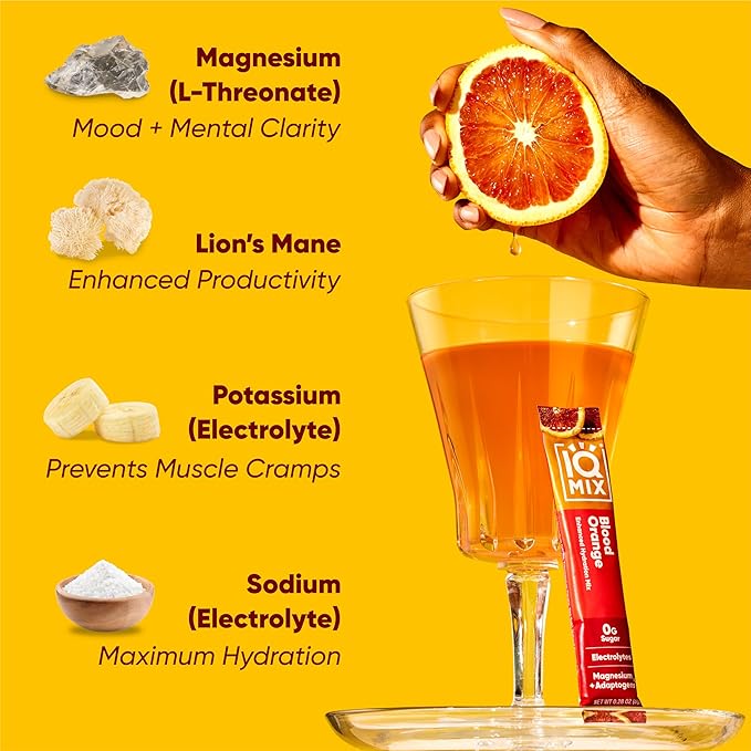 IQMIX Sugar Free Electrolytes Powder Packets - Hydration Supplement Drink Mix with Keto Electrolytes, Lions Mane, Magnesium L-Threonate, and Potassium Citrate - Blood Orange (40 Count)