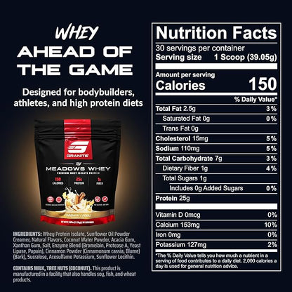 Granite Supplements The Meadows Whey Protein Isolate - (30 Servings) Whey Protein Powder - 150 Calories, 2g Fiber, 1g Sugar Protein Whey for Lean Muscle - Cinnamon Cereal Flavored Protein Powder