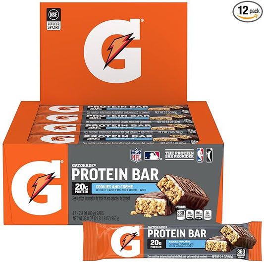 Gatorade Whey Protein Bars, Cookies & Crème, 2.8 oz bars (Pack of 12, 20g of protein per bar)
