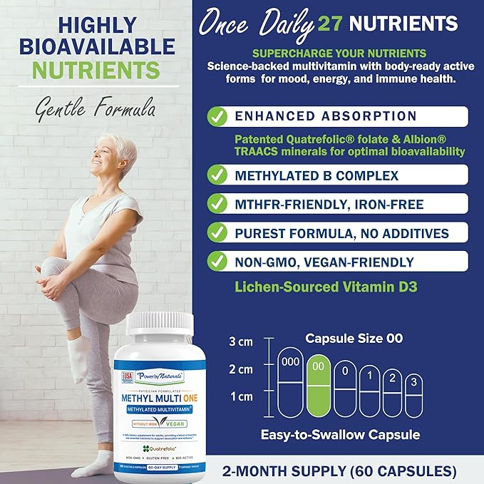 Power By Naturals Methyl Multi One - Vegan Methylated Multivitamin for Men & Women with Methylfolate & Methyl B12 for MTHFR Maintenance, 60 Capsules, 2 Month Supply, USA-Made, Gluten-Free