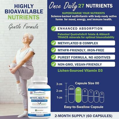 Power By Naturals Methyl Multi One - Vegan Methylated Multivitamin for Men & Women with Methylfolate & Methyl B12 for MTHFR Maintenance, 60 Capsules, 2 Month Supply, USA-Made, Gluten-Free