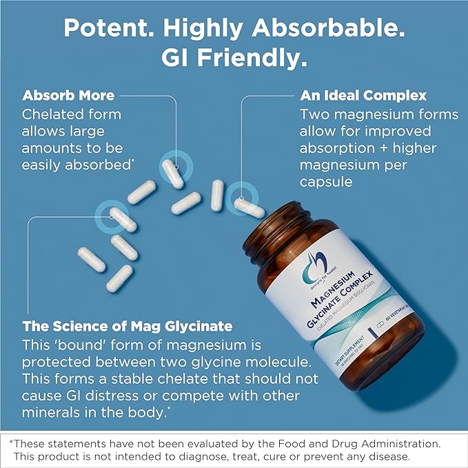 Designs for Health Magnesium Glycinate Complex - Chelated Magnesium Bisglycinate + High Absorption Magnesium Oxide for Heart Health, Immune Support & Bone Strength - Vegan (60 Capsules)