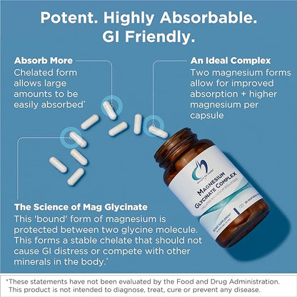 Designs for Health Magnesium Glycinate Complex - Chelated Magnesium Bisglycinate + High Absorption Magnesium Oxide for Heart Health, Immune Support & Bone Strength - Vegan (60 Capsules)