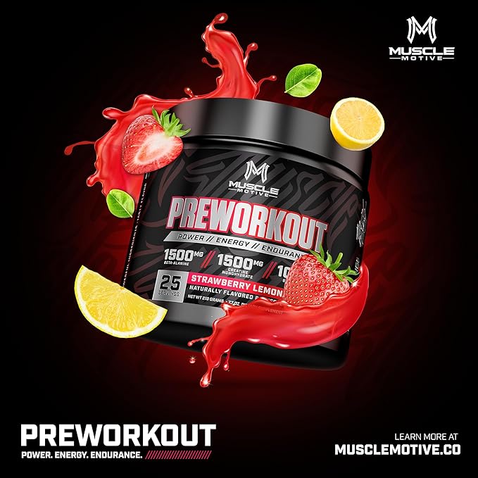 Pre Workout Powder with Beta Alanine, Creatine Monohydrate, BCAA, L Citrulline, L Arginine and Caffeine - Strawberry Lemonade Flavor - 25 Servings