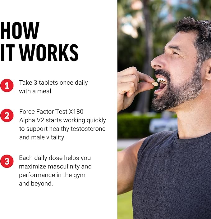 FORCE FACTOR Test X180 Alpha v2 T-Support for Men, T-Supplement to Help Build Strength, Boost Nitric Oxide, and Support Daily Performance, 120 Tablets