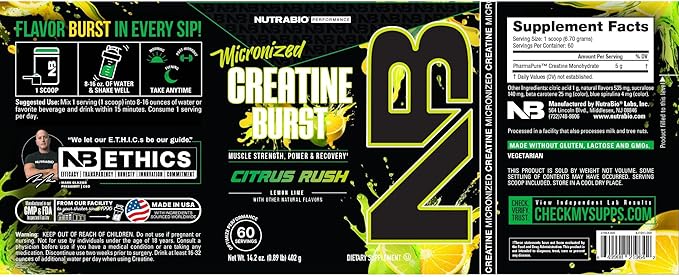 NutraBio Pure Creatine Monohydrate Powder Supplement, Citrus Rush, (300 g) - Supports Bulk Muscle Energy, Recovery, and Strength - HPLC Tested Pure Grade Creatine Powder Supplement for Men and Women