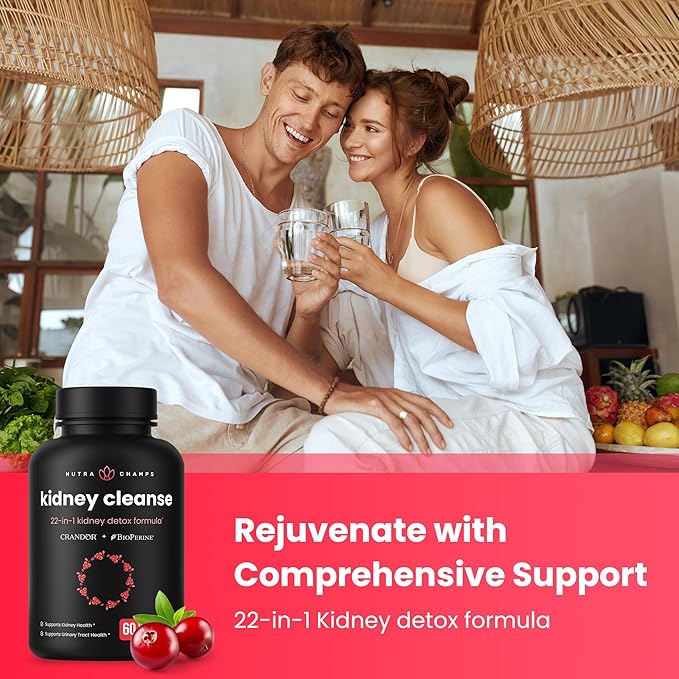 Kidney Cleanse Detox & Repair | 22-In-1 Kidney Health Supplement | Extra Strength 50:1 Cranberry Extract with Bioperine for Increased Absorption | Kidney & Urinary Tract Support & Flush Formula