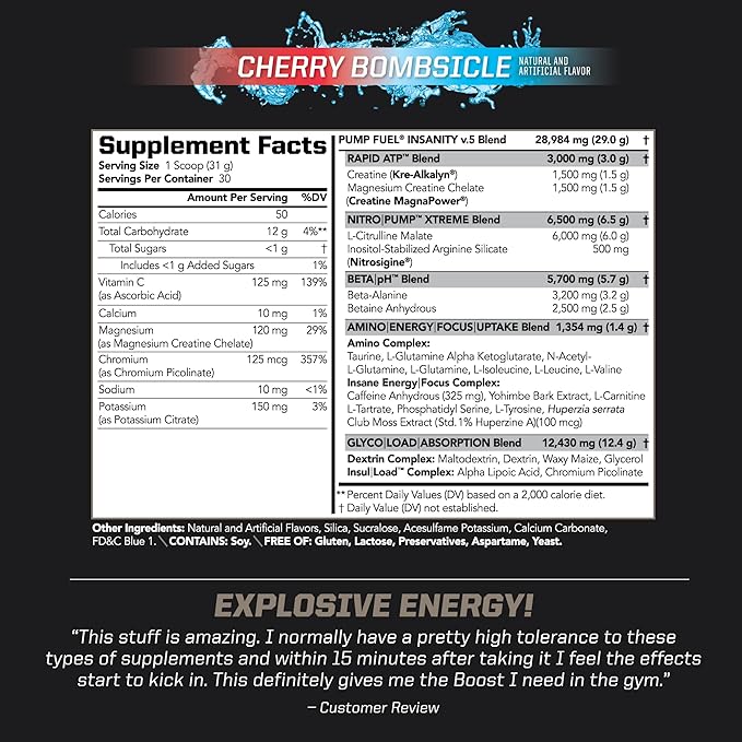 PMD Sports Ultra Pump Fuel Insanity - Pre Workout Drink Mix for Energy, Strength, Endurance, Recovery - Complex Carbohydrates and Amino Energy - Cherry Bombsicle (30 Servings)