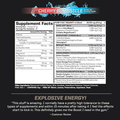 PMD Sports Ultra Pump Fuel Insanity - Pre Workout Drink Mix for Energy, Strength, Endurance, Recovery - Complex Carbohydrates and Amino Energy - Cherry Bombsicle (30 Servings)