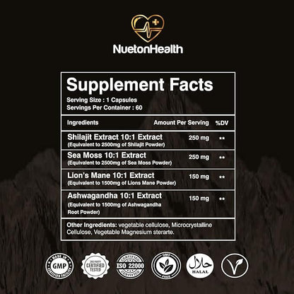 Shilajit, Sea Moss, Lion's Mane, and Ashwagandha Capsules - Comprehensive All-in-One Wellness Supplement for Mind, Body, and Vitality - 60 Vegan Capsules