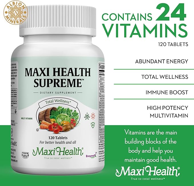 Maxi Health Supreme - High Potency Multivitamin & Mineral Supplement - 120 Tablets - Kosher