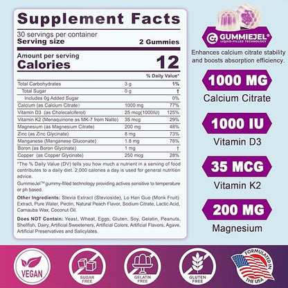 Sugar-Free Calcium Citrate Gummies 1000mg w/Vitamin D3 K2, Magnesium, Zinc, Boron, Manganese, Copper for Bone, Muscle & Immune, Ultimate Absorption Calcium Supplement for Women & Men - Vegan, 60 Count