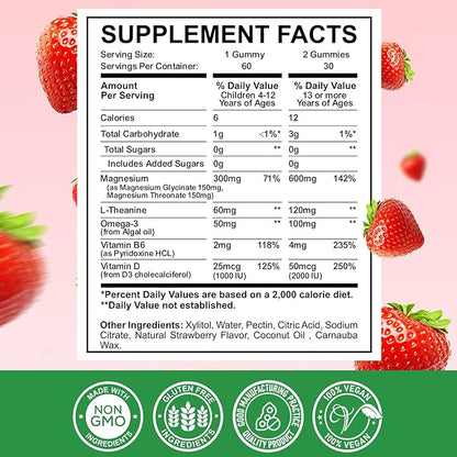 Magnesium Complex Gummies- Calm Chewable Gummies for Kids & Adults- Magnesium Glycinate, Threonate Supplement-w/Omega-3, Vitamin B6, D3- Support Calm Stress Relief, Bones, Mood Vegan, 60 Gummies