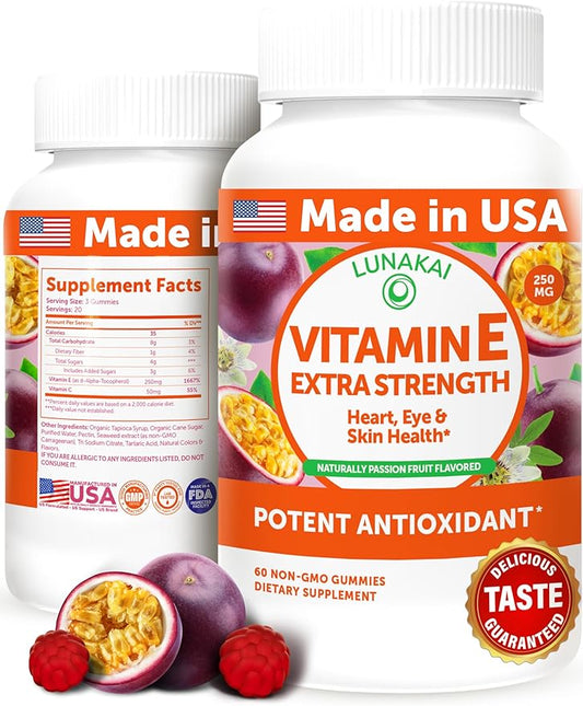 Lunakai USA Made Vitamin E Gummies 400IU with Vitamin C - Delicious, Vegan, Non-GMO Supplement for Daily Skin & Eye Support, d-Alpha Tocopherol, 60ct